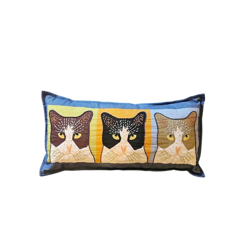 Petalura Three's a Crowd lumbar Throw Pillow embroidered cats